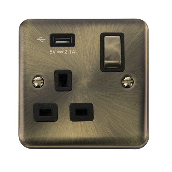 Click® Scolmore Deco Plus® DPAB571UBK 13A Ingot 1 Gang Switched Socket With 2.1A USB Outlet (Twin Earth) Antique Brass Black Insert