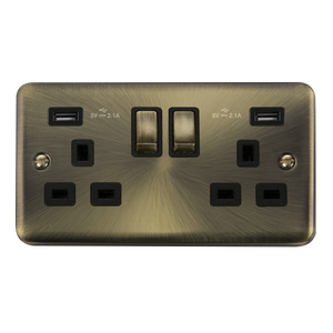 Click® Scolmore Deco Plus® DPAB580BK 13A Ingot 2 Gang Switched Socket With Twin 2.1A USB Outlets (4.2A) (Twin Earth) Antique Brass Black Insert