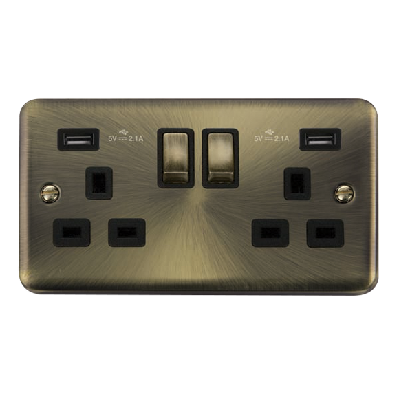 Click® Scolmore Deco Plus® DPAB580BK 13A Ingot 2 Gang Switched Socket With Twin 2.1A USB Outlets (4.2A) (Twin Earth) Antique Brass Black Insert