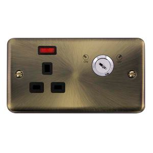 Click® Scolmore Deco Plus® DPAB655BK 13A Ingot 1 Gang DP Key Lockable Socket With Neon Antique Brass Black Insert