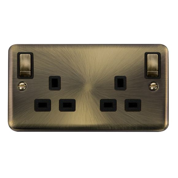 Click® Scolmore Deco Plus® DPAB836BK 13A Ingot 2 Gang DP Switched Socket With Outboard Rockers (Twin Earth) Antique Brass Black Insert