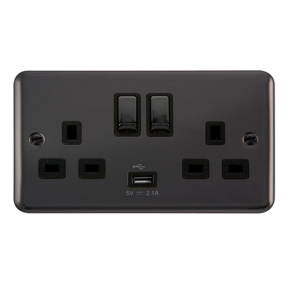 Click® Scolmore Deco Plus® DPBN570BK 13A Ingot 2 Gang Switched Socket With 2.1A USB Outlet (Twin Earth)  Black Nickel Black Insert