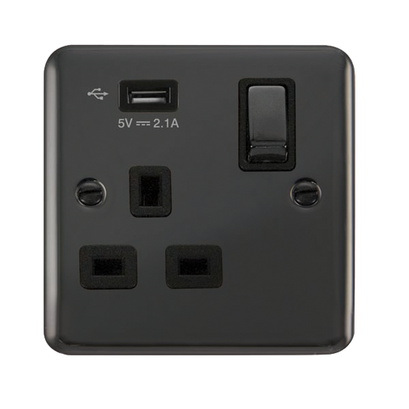 Click® Scolmore Deco Plus® DPBN571UBK 13A Ingot 1 Gang Switched Socket With 2.1A USB Outlet (Twin Earth) Black Nickel Black Insert