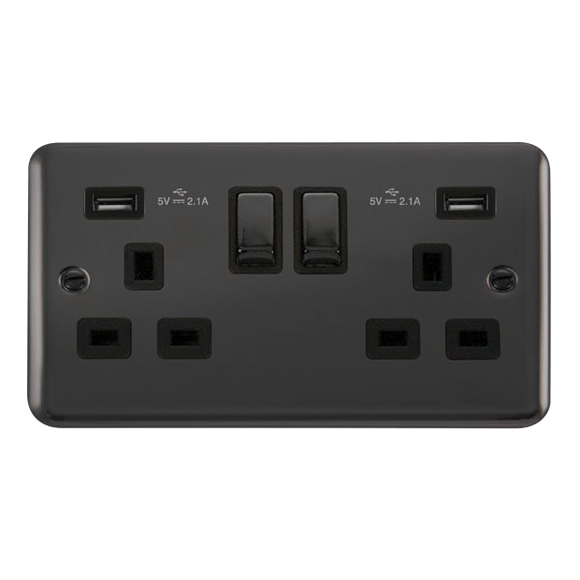 Click® Scolmore Deco Plus® DPBN580BK 13A Ingot 2 Gang Switched Socket With Twin 2.1A USB Outlets (4.2A) (Twin Earth) Black Nickel Black Insert