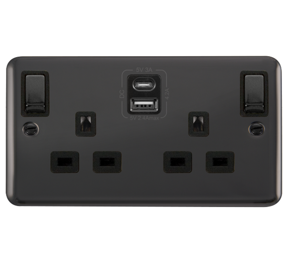 Click® Scolmore Deco Plus® DPBN586BK 13A Ingot 2 Gang Switched Safety Shutter Socket Outlet With Type A & C USB (4.2A) Outlets (Twin Earth) Black Nickel Black Insert