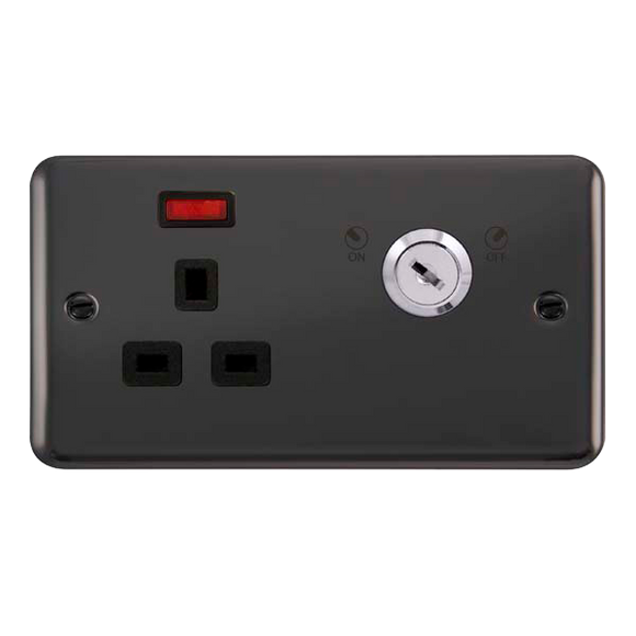 Click® Scolmore Deco Plus® DPBN655BK 13A Ingot 1 Gang DP Key Lockable Socket With Neon Black Nickel Black Insert
