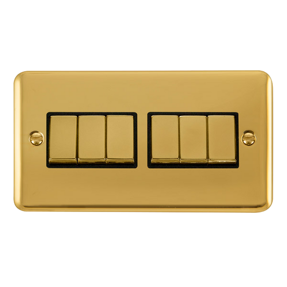 Click® Scolmore Deco Plus® DPBR416BK 10AX Ingot 6 Gang 2 Way Plate Switch  Polished Brass Black Insert
