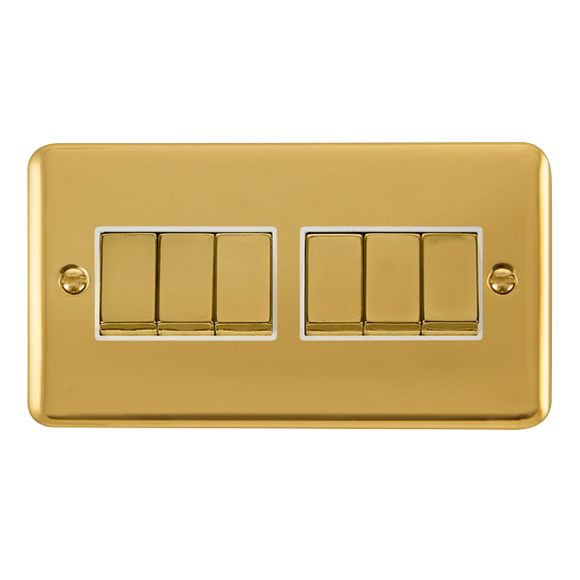 Click® Scolmore Deco Plus® DPBR416WH 10AX Ingot 6 Gang 2 Way Plate Switch Polished Brass White Insert