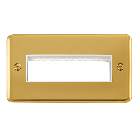 Click® Scolmore Deco Plus® DPBR426WH 2 Gang MiniGrid® Unfurnished Plate - 6 In-Line Apertures  Polished Brass White Insert