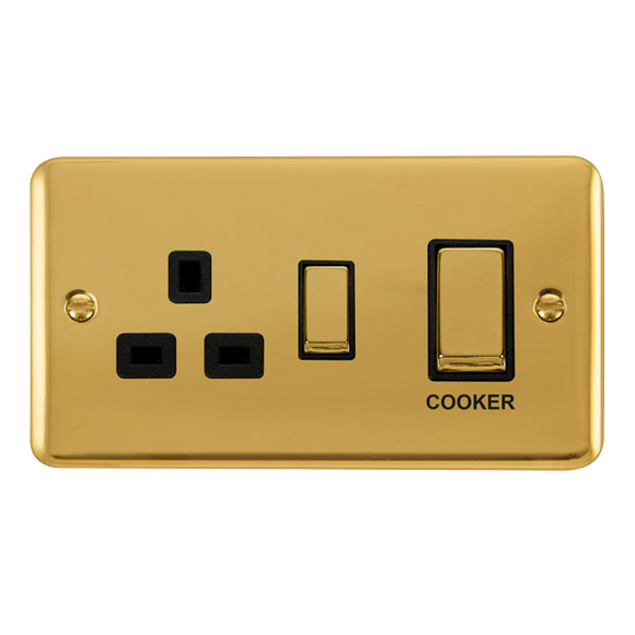 Click® Scolmore Deco Plus® DPBR504BK 45A Ingot 2 Gang DP Switch With 13A DP Switched Socket  Polished Brass Black Insert