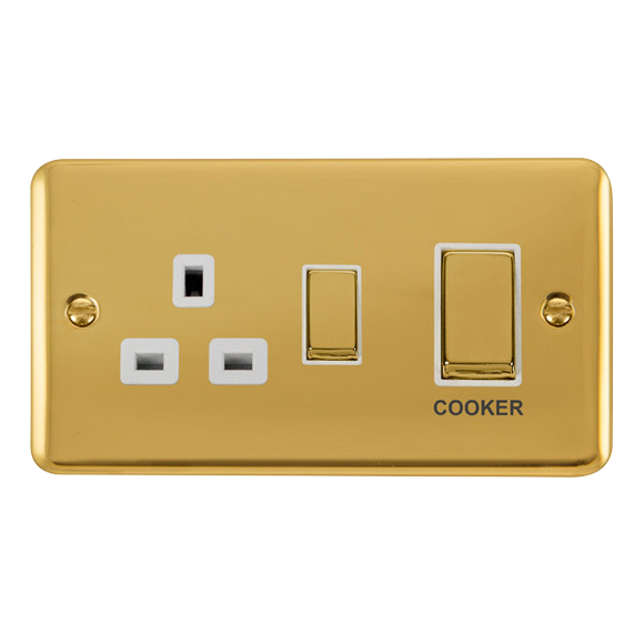 Click® Scolmore Deco Plus® DPBR504WH 45A Ingot 2 Gang DP Switch With 13A DP Switched Socket  Polished Brass White Insert