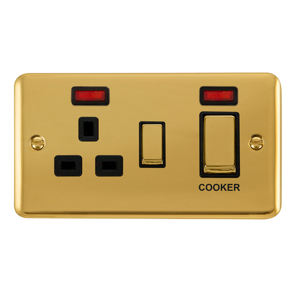 Click® Scolmore Deco Plus® DPBR505BK 45A Ingot 2 Gang DP Switch With 13A DP Switched Socket & Neons  Polished Brass Black Insert