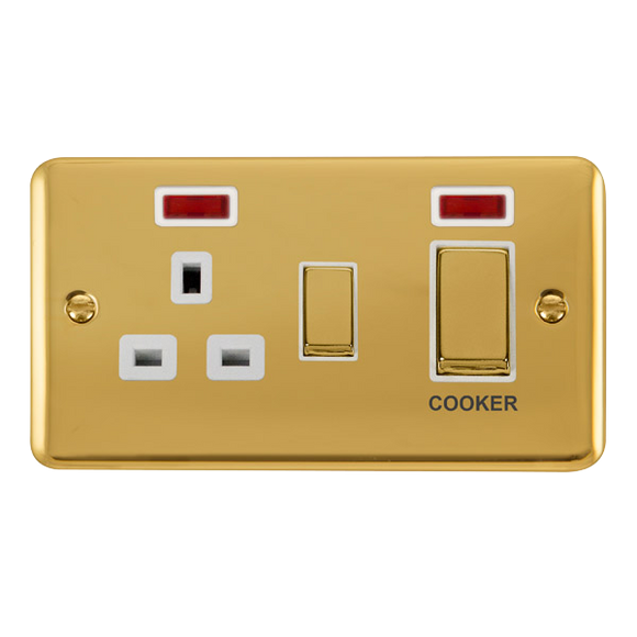 Click® Scolmore Deco Plus® DPBR505WH 45A Ingot 2 Gang DP Switch With 13A DP Switched Socket & Neons Polished Brass White Insert