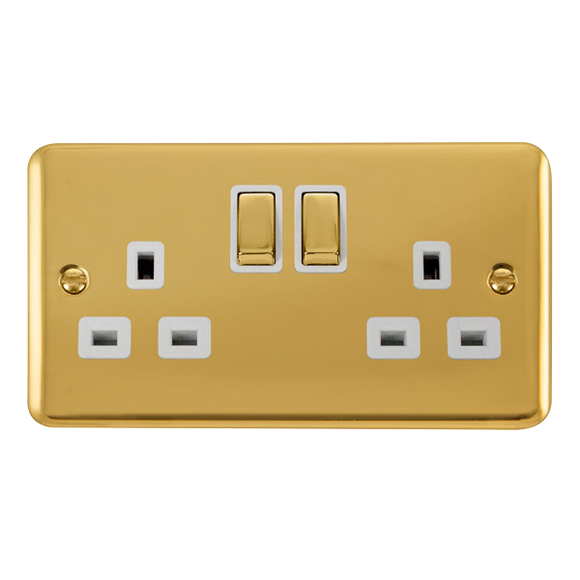 Click® Scolmore Deco Plus® DPBR536WH 13A Ingot 2 Gang DP Switched Socket (Twin Earth) Polished Brass White Insert