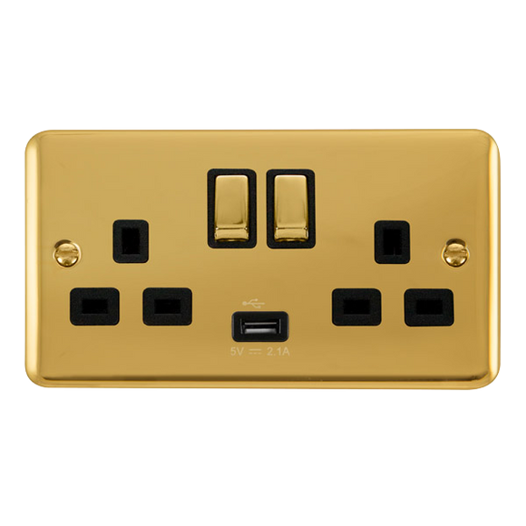 Click® Scolmore Deco Plus® DPBR570BK 13A Ingot 2 Gang Switched Sockets With 2.1A USB Outlet (Twin Earth)  Polished Brass Black Insert