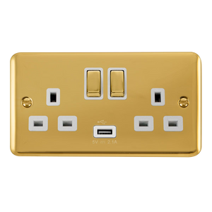 Click® Scolmore Deco Plus® DPBR570WH 13A Ingot 2 Gang Switched Sockets With 2.1A USB Outlet (Twin Earth) Polished Brass White Insert