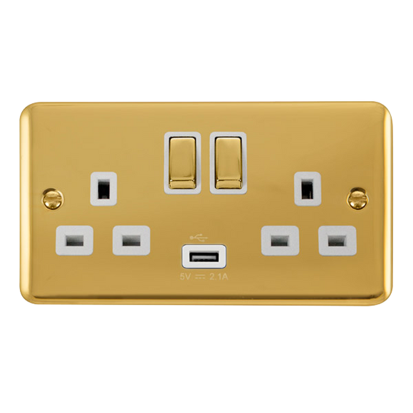 Click® Scolmore Deco Plus® DPBR570WH 13A Ingot 2 Gang Switched Sockets With 2.1A USB Outlet (Twin Earth) Polished Brass White Insert