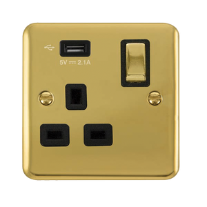 Click® Scolmore Deco Plus® DPBR571UBK 13A Ingot 1 Gang Switched Socket With 2.1A USB Outlet (Twin Earth) Polished Brass Black Insert