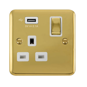 Click® Scolmore Deco Plus® DPBR571UWH 13A Ingot 1 Gang Switched Socket With 2.1A USB Outlet (Twin Earth) Polished Brass White Insert