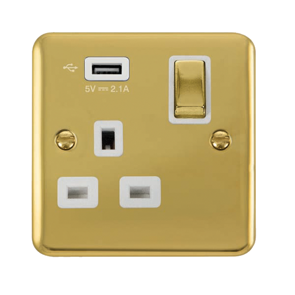 Click® Scolmore Deco Plus® DPBR571UWH 13A Ingot 1 Gang Switched Socket With 2.1A USB Outlet (Twin Earth) Polished Brass White Insert