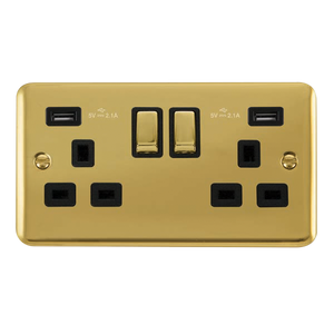Click® Scolmore Deco Plus® DPBR580BK 13A Ingot 2 Gang Switched Socket With Twin 2.1A USB Outlets (4.2A) (Twin Earth) Polished Brass Black Insert