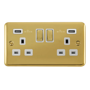 Click® Scolmore Deco Plus® DPBR580WH 13A Ingot 2 Gang Switched Socket With Twin 2.1A USB Outlets (4.2A) (Twin Earth) Polished Brass White Insert
