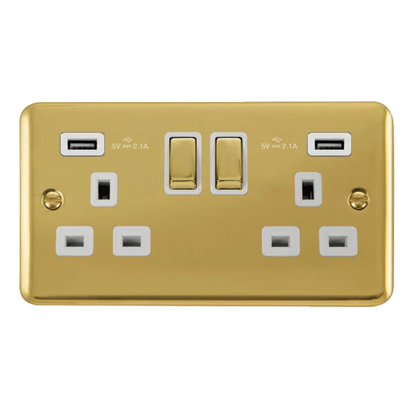 Click® Scolmore Deco Plus® DPBR580WH 13A Ingot 2 Gang Switched Socket With Twin 2.1A USB Outlets (4.2A) (Twin Earth) Polished Brass White Insert