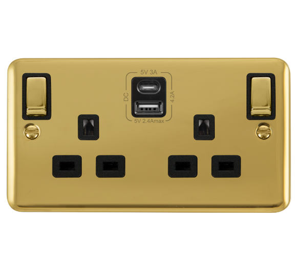 Click® Scolmore Deco Plus® DPBR586BK 13A Ingot 2 Gang Switched Safety Shutter Socket Outlet With Type A & C USB (4.2A) Outlets (Twin Earth) Polished Brass Black Insert