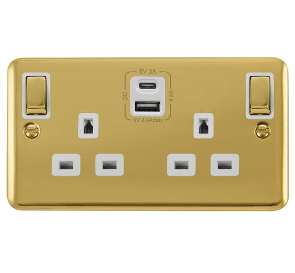 Click® Scolmore Deco Plus® DPBR586WH 13A Ingot 2 Gang Switched Safety Shutter Socket Outlet With Type A & C USB (4.2A) Outlets (Twin Earth) Polished Brass White Insert