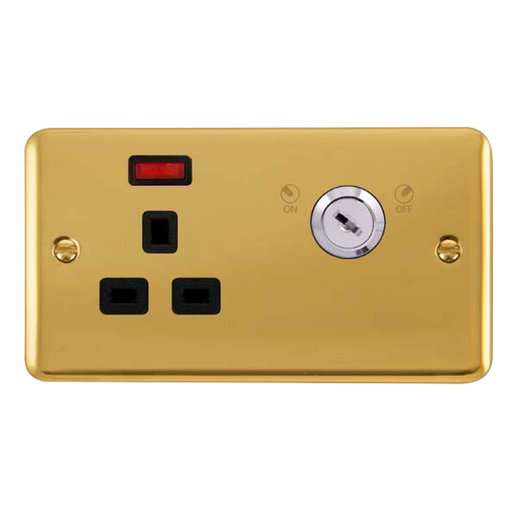 Click® Scolmore Deco Plus® DPBR655BK 13A Ingot 1 Gang DP Key Lockable Socket With Neon Polished Brass Black Insert