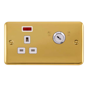 Click® Scolmore Deco Plus® DPBR655WH 13A Ingot 1 Gang DP Key Lockable Socket With Neon Polished Brass White Insert