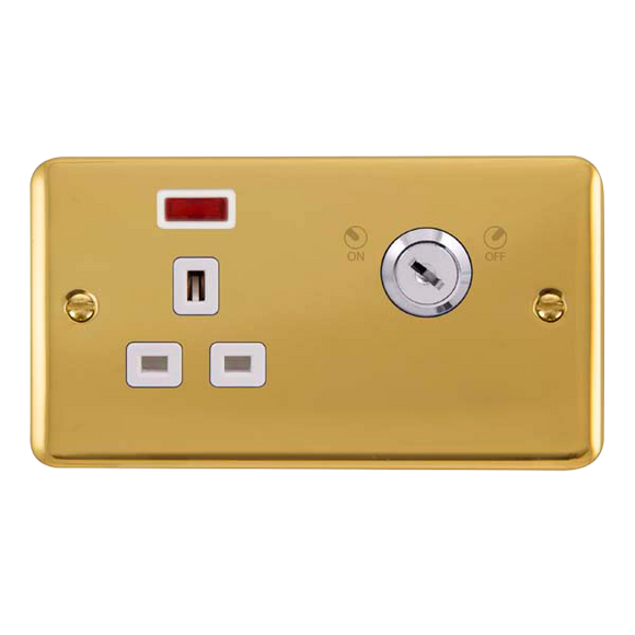 Click® Scolmore Deco Plus® DPBR655WH 13A Ingot 1 Gang DP Key Lockable Socket With Neon Polished Brass White Insert