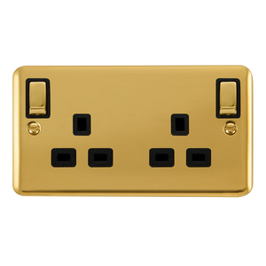 Click® Scolmore Deco Plus® DPBR836BK 13A Ingot 2 Gang DP Switched Socket With Outboard Rockers (Twin Earth) Polished Brass Black Insert