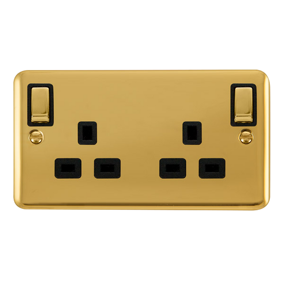 Click® Scolmore Deco Plus® DPBR836BK 13A Ingot 2 Gang DP Switched Socket With Outboard Rockers (Twin Earth) Polished Brass Black Insert