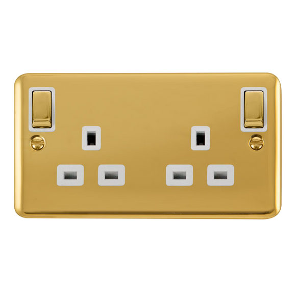 Click® Scolmore Deco Plus® DPBR836WH 13A Ingot 2 Gang DP Switched Socket With Outboard Rockers (Twin Earth) Polished Brass White Insert