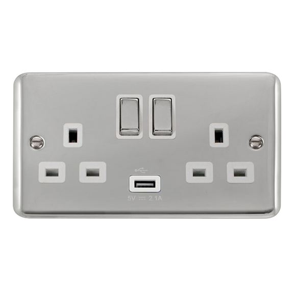 Click® Scolmore Deco Plus® DPCH570WH 13A Ingot 2 Gang Switched Socket With 2.1A USB Outlet (Twin Earth) Polished Chrome White Insert