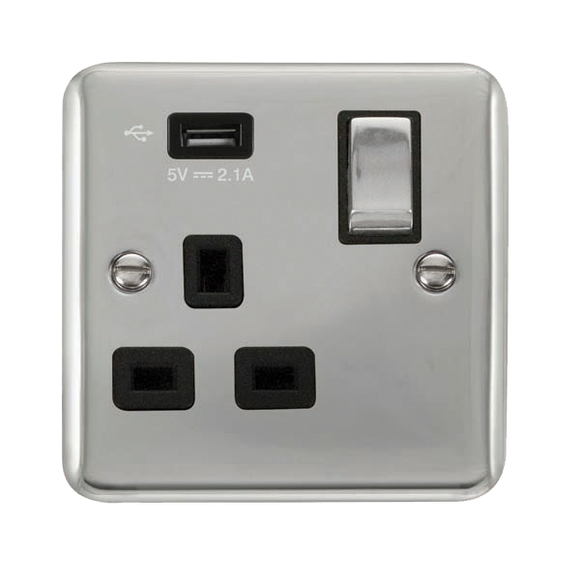 Click® Scolmore Deco Plus® DPCH571UBK 13A Ingot 1 Gang Switched Socket With 2.1A USB Outlet (Twin Earth) Polished Chrome Black Insert