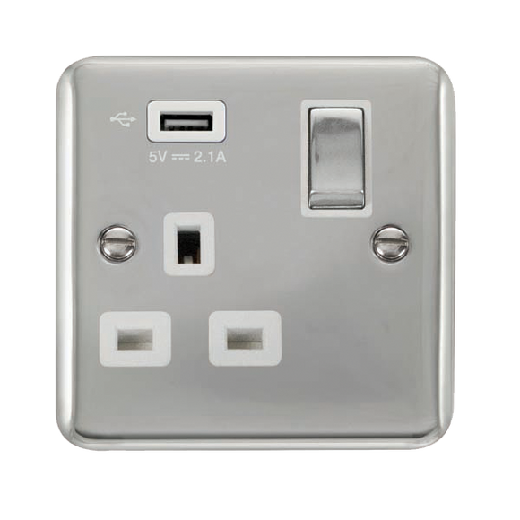 Click® Scolmore Deco Plus® DPCH571UWH 13A Ingot 1 Gang Switched Socket With 2.1A USB Outlet (Twin Earth) Polished Chrome White Insert