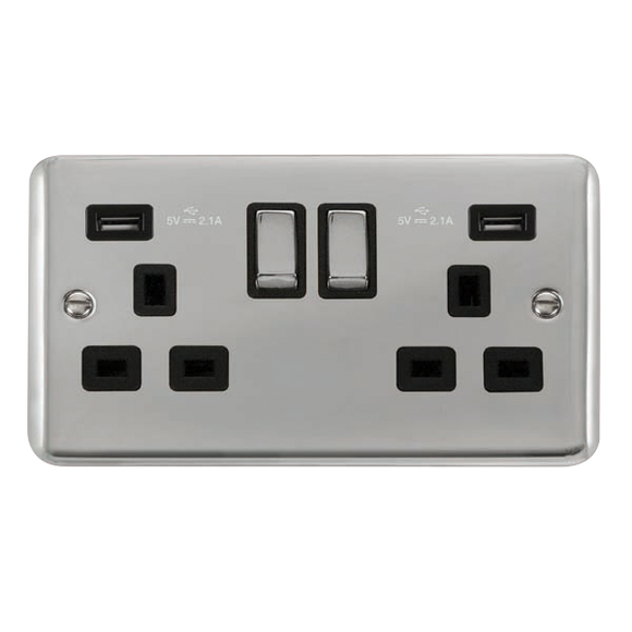 Click® Scolmore Deco Plus® DPCH580BK 13A Ingot 2 Gang Switched Socket With Twin 2.1A USB Outlets (4.2A) (Twin Earth) Polished Chrome Black Insert