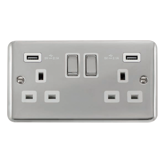Click® Scolmore Deco Plus® DPCH580WH 13A Ingot 2 Gang Switched Socket With Twin 2.1A USB Outlets (4.2A) (Twin Earth) Polished Chrome White Insert