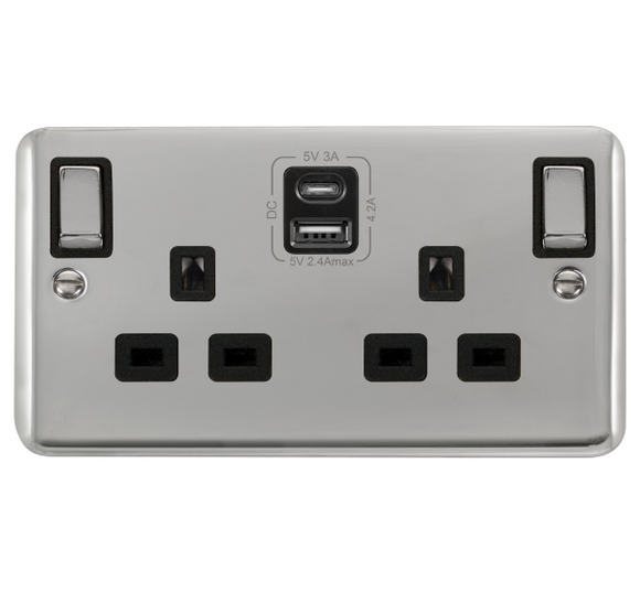 Click® Scolmore Deco Plus® DPCH586BK 13A Ingot 2 Gang Switched Safety Shutter Socket Outlet With Type A & C USB (4.2A) Outlets (Twin Earth) Polished Chrome Black Insert