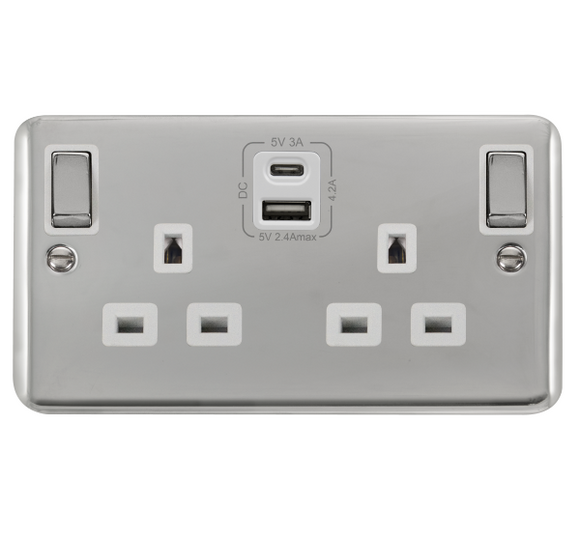 Click® Scolmore Deco Plus® DPCH586WH 13A Ingot 2 Gang Switched Safety Shutter Socket Outlet With Type A & C USB (4.2A) Outlets (Twin Earth) Polished Chrome White Insert