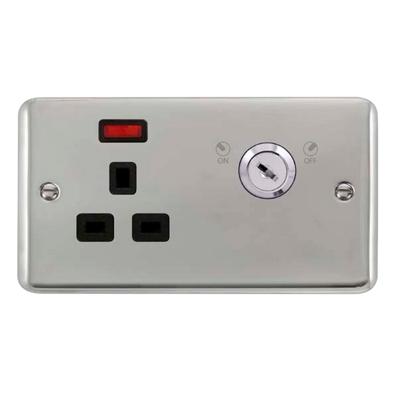 Click® Scolmore Deco Plus® DPCH655BK 13A Ingot 1 Gang DP Key Lockable Socket With Neon Polished Chrome Black Insert