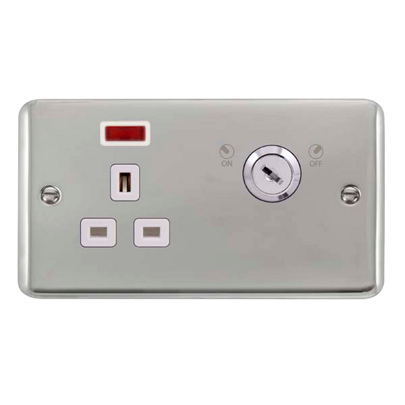 Click® Scolmore Deco Plus® DPCH655WH 13A Ingot 1 Gang DP Key Lockable Socket With Neon Polished Chrome White Insert
