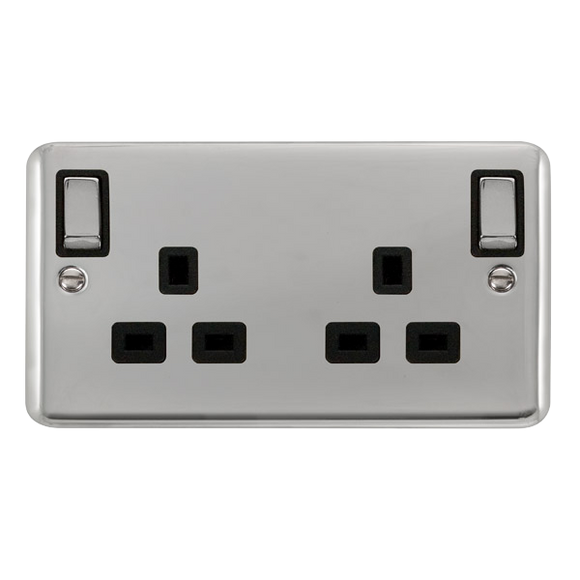 Click® Scolmore Deco Plus® DPCH836BK 13A Ingot 2 Gang DP Switched Socket With Outboard Rockers (Twin Earth) Polished Chrome Black Insert