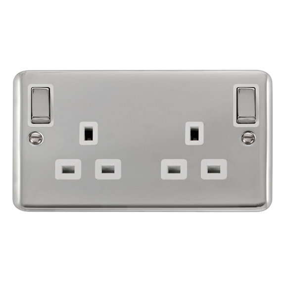 Click® Scolmore Deco Plus® DPCH836WH 13A Ingot 2 Gang DP Switched Socket With Outboard Rockers (Twin Earth) Polished Chrome White Insert