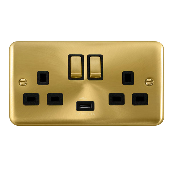 Click® Scolmore Deco Plus® DPSB570BK 13A Ingot 2 Gang Switched Socket With 2.1A USB Outlet (Twin Earth) Satin Brass Black Insert