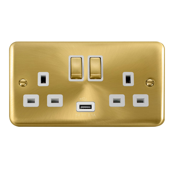 Click® Scolmore Deco Plus® DPSB570WH 13A Ingot 2 Gang Switched Socket With 2.1A USB Outlet (Twin Earth) Satin Brass White Insert
