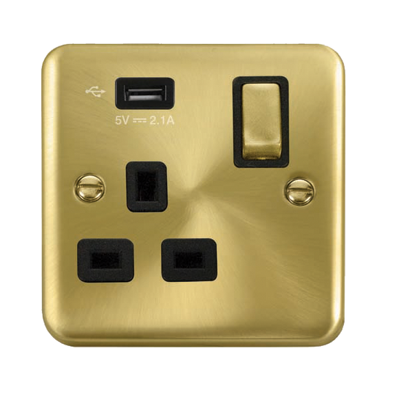 Click® Scolmore Deco Plus® DPSB571UBK 13A Ingot 1 Gang Switched Socket With 2.1A USB Outlet (Twin Earth) Satin Brass Black Insert