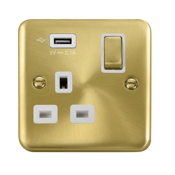 Click® Scolmore Deco Plus® DPSB571UWH 13A Ingot 1 Gang Switched Socket With 2.1A USB Outlet (Twin Earth) Satin Brass White Insert